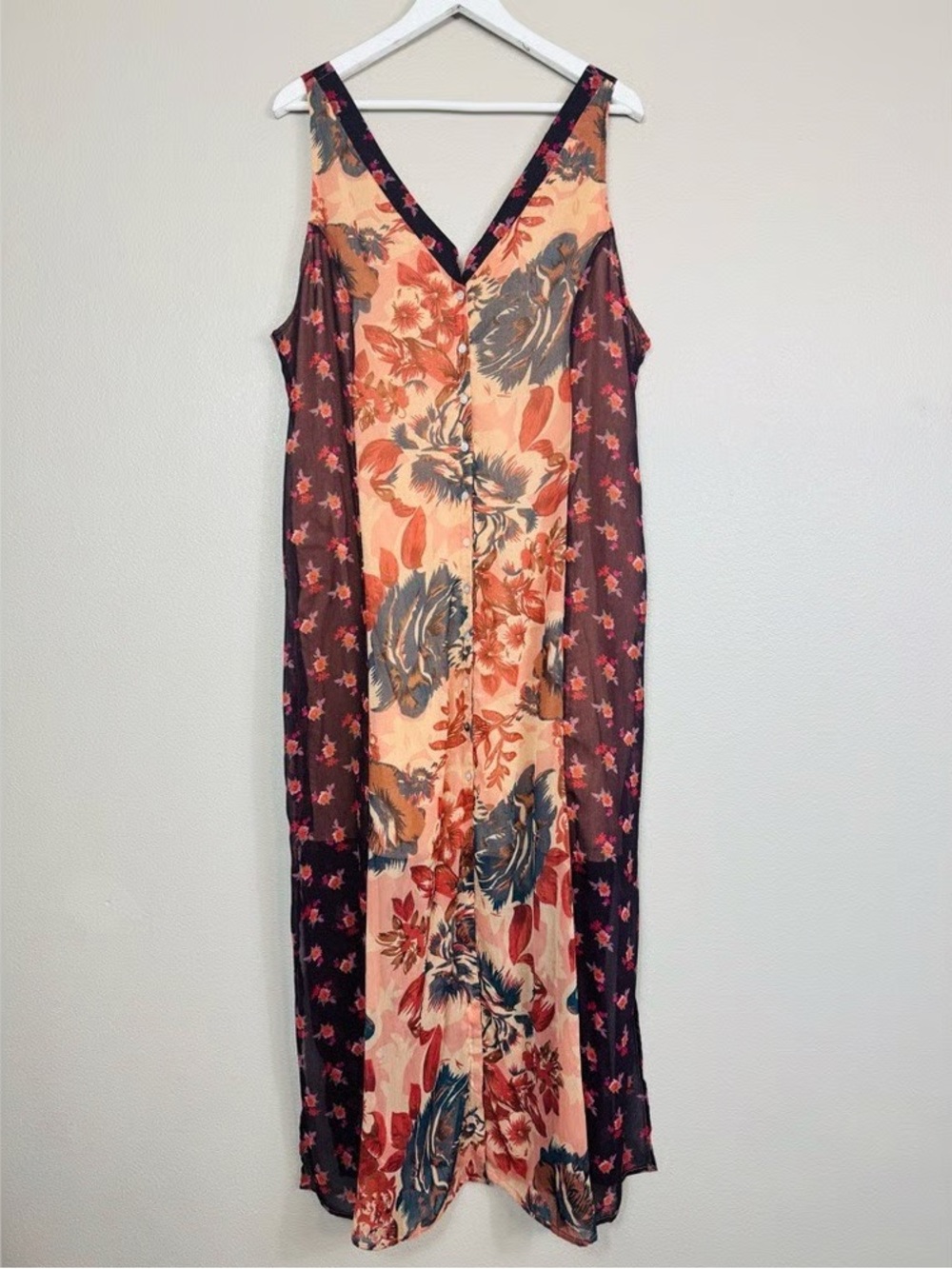 Soft Surroundings Sleeveless Floral V-Neck Maxi Dress in Peach and Burgundy